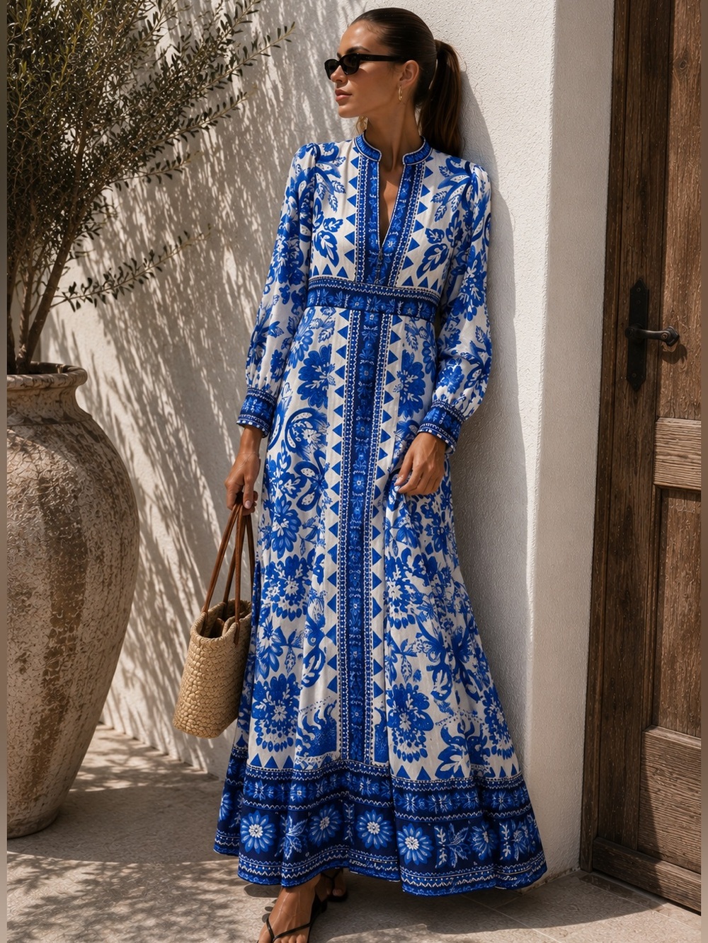 Caroline Constas Floral Tapestry Linen Maxi Dress Blue White NWT